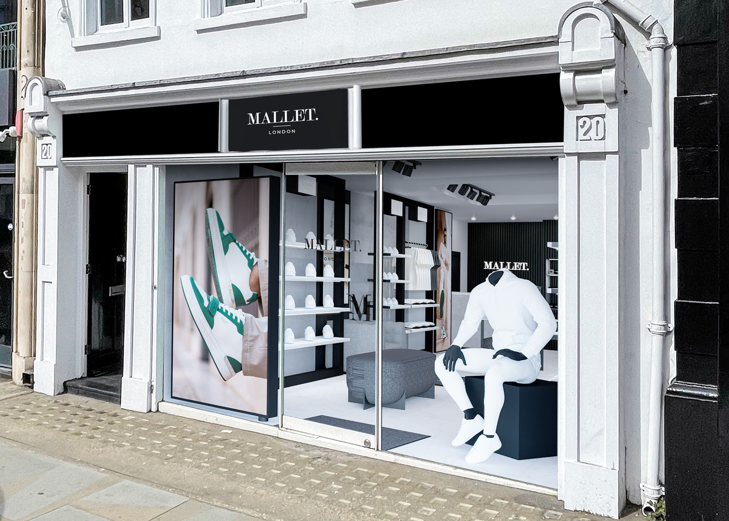 Retail shop front designed by Direct Four Design for Mallet Trainers in Mayfair, London